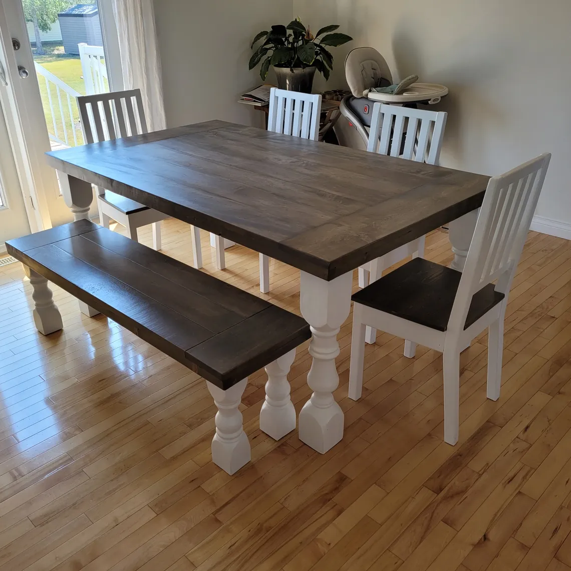 Custom dining set with turned legs and a matching bench