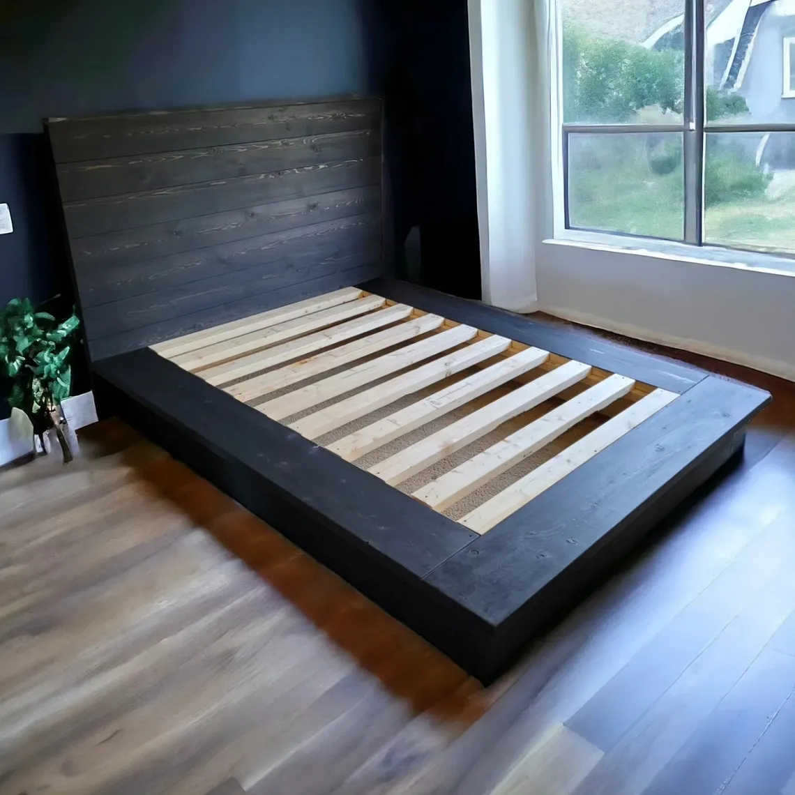 Low solid wood platform bed with a simple headboard