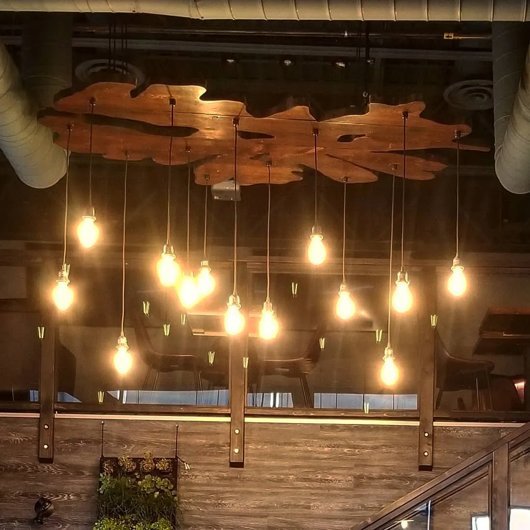 Custom shelving and woodwork with warm lighting