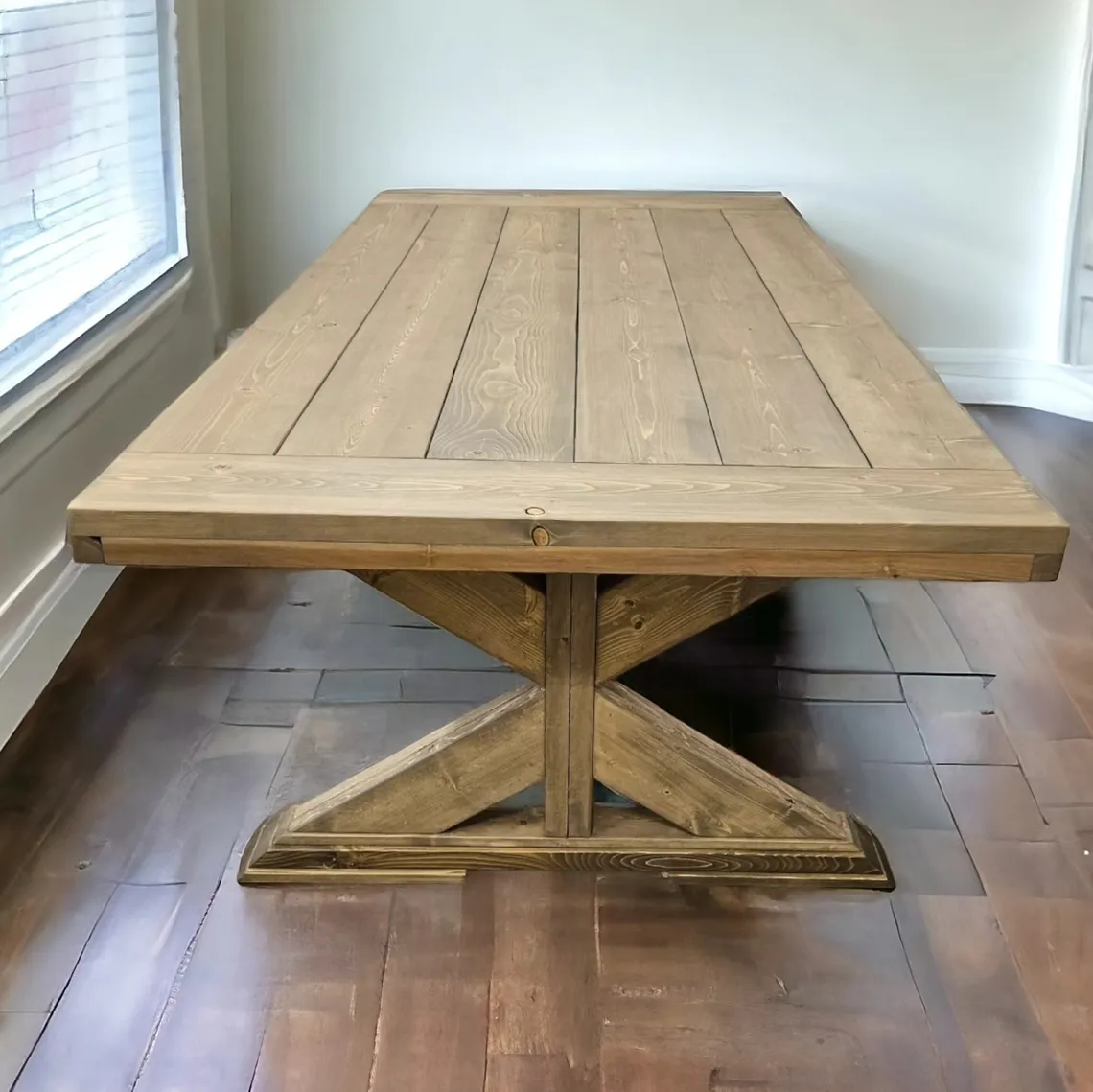 Close view of the wood grain on a solid timber dining table top