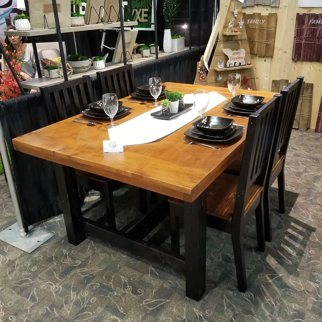 Two tone dining table with a stained top and painted base