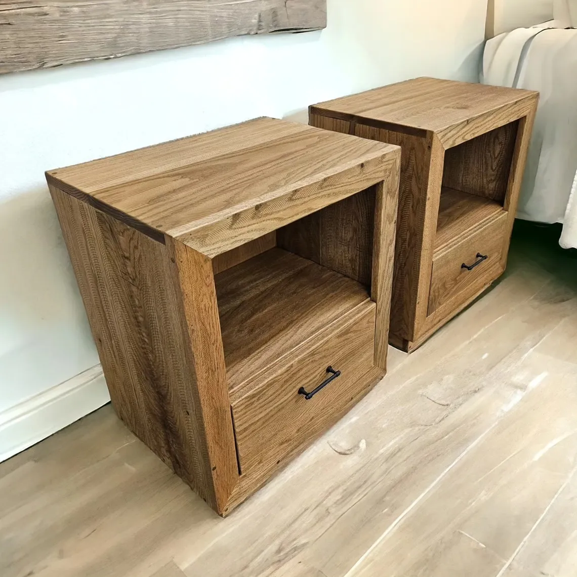 Pair of matching solid wood nightstands with open shelves and drawers